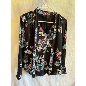 WHBM Women's Sz 2 Blouse Top Tie Neck Black Pink Floral Flower Long Sleeve‎